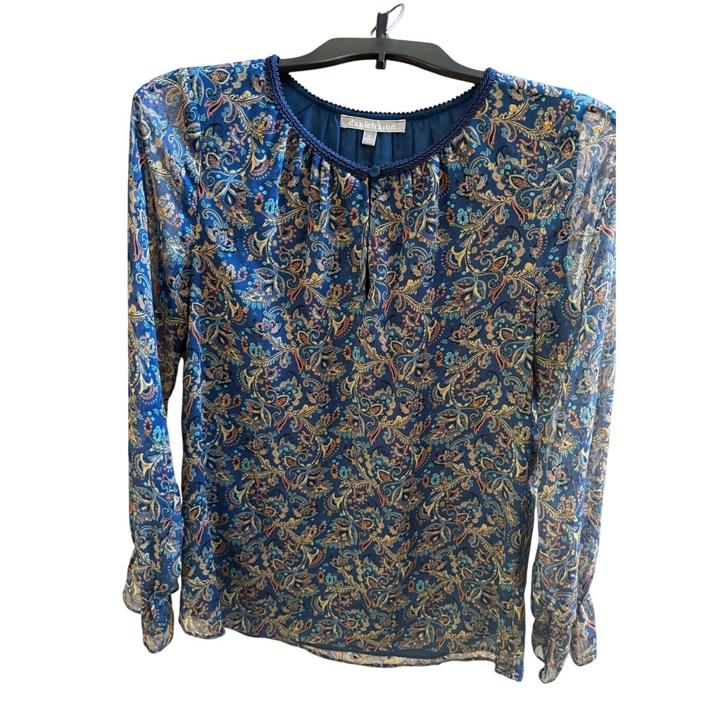 Daniel Rainn Blue‎ Paisley Metallic Glitter Blouse Long Sleeve Keyhole Top Small